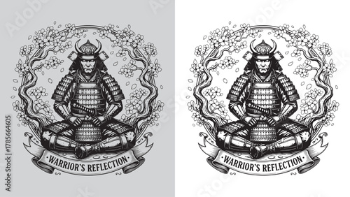 Warrior's Reflection - Meditating Samurai in Full Armor with Sakura Wreath