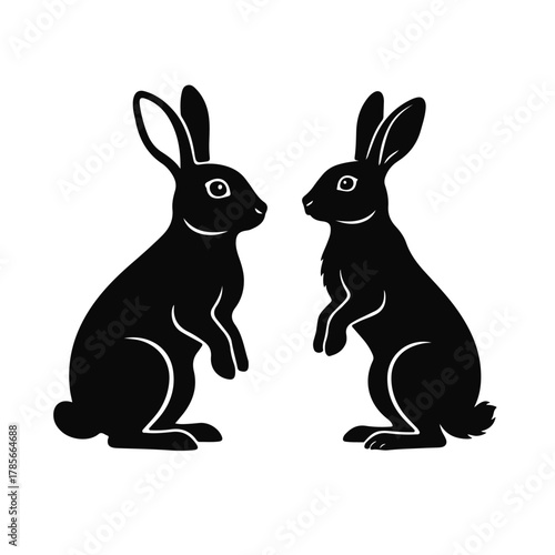 Rabbit silhouette in clean black and white vector style, simple bunny profile with smooth curves, rabbit silhouette, bunny outline, forest animal, wildlife art, minimal design