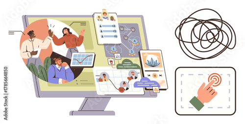 Diverse team planning tasks via digital dashboard, touch interactions, tangled line symbolizing complexity. Ideal for teamwork, collaboration, planning, digital tools, leadership, efficiency project