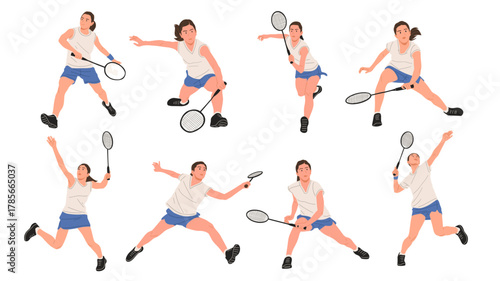 Set of badminton player woman in various action poses hitting shuttlecock, female athlete playing sport, flat vector illustration on white background