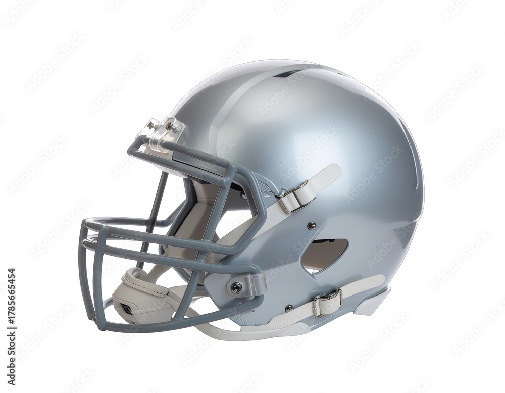 Fototapeta premium Silver American Football Helmet Isolated On Black Background With Minimalist Design And Reflective Surface Showing Sport Gear Protection