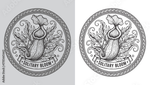 Solitary Bloom - Intricate Pitcher Plant and Acanthus Leaves Circular Illustration