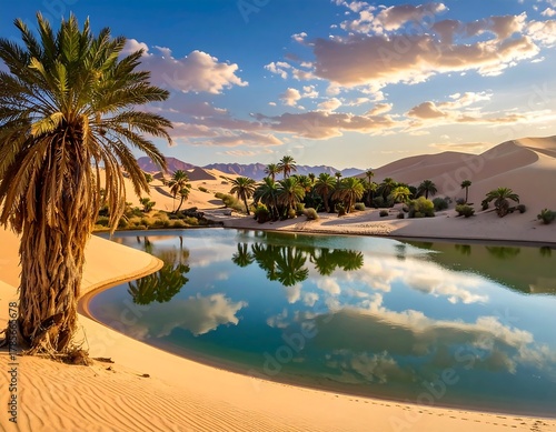 Fototapeta Naklejka Na Ścianę i Meble -  Desert oasis scene with palm trees, serene lake, and sand dunes