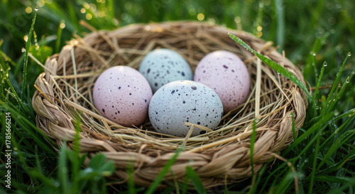 Colorful speckled eggs resting in a woven nest on fresh green grass with morning dew and natural outdoor lighting