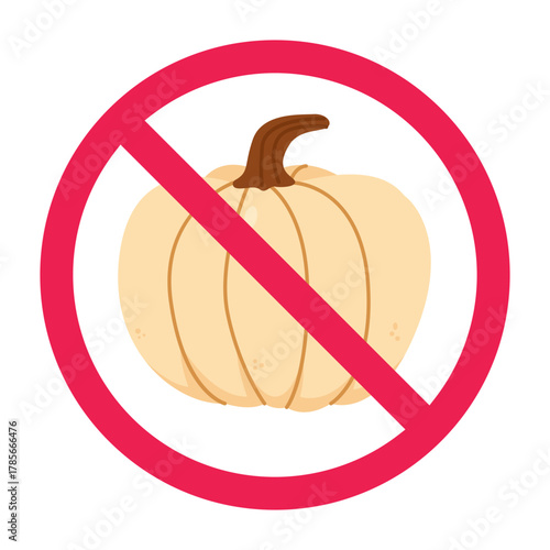 No pumpkin allowed prohibited sign, forbidden sign with pumpkin icon, do not eat pumpkin, vector illustration
