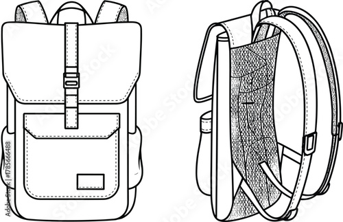 Backpack illustration, front view, rear view, technical drawing, travel bag, school gear, vector sketch, line art, black and white