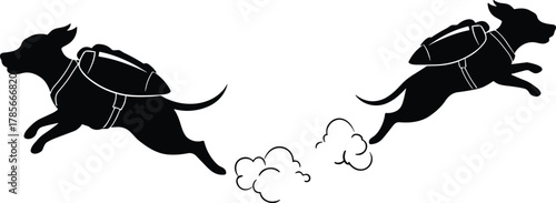 Cartoon dog silhouettes flying with jetpacks emitting smoke, whimsical fantasy animal technology artwork, playful imaginative vector illustration