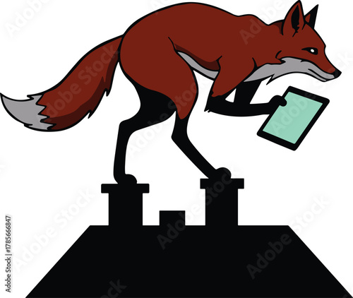 Cartoon fox standing on rooftop with chimneys, holding tablet, anthropomorphic animal technology illustration, urban silhouette, whimsical digital vector art