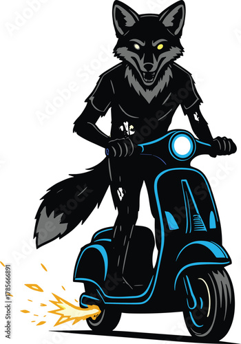 Cartoon humanoid wolf character riding retro blue scooter with sparks, dynamic fantasy animal artwork, stylish modern vector illustration
