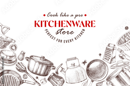 Kitchen utensils vector sketched banner