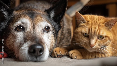 A dog and a cat are laying on the floor. The dog is brown and the cat is orange. Macro shot senior dog and senior cat both comfort objects around them, aging home ritual, senior cat and dog