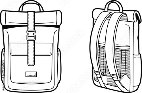 Backpack illustration, roll top design, front and rear view, travel bag sketch, student accessory, fashion outline, luggage vector,drawing, education supply, graphic