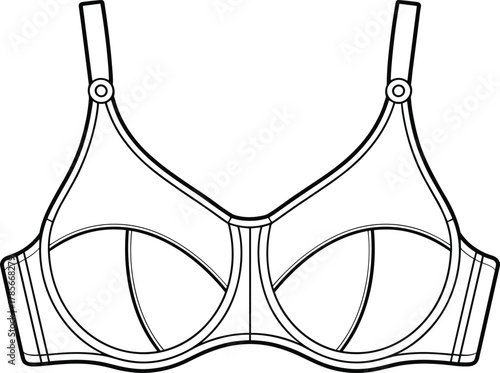 Bra technical sketch, lingerie drawing, structured cups, adjustable straps, underband support, fashion illustration, garment design, sewing template, apparel blueprint