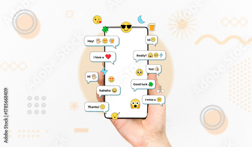 Hand holding smartphone displaying social media chat messages with Colorful emoji reactions and text, Online chat conversation, Digital communication concept, Contemporary art collage