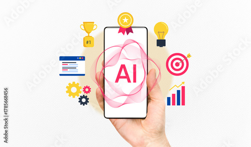 Smartphone AI interface surrounded by success indicators including medal, Light bulb and data analytics, Digital future, AI-powered solutions for targeting and market growth, Modern art collage