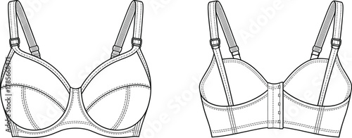 Bra, lingerie, fashion, garment, apparel, clothing, design, sketch, outline, technical, illustration, molded, underwire, straps, closure, stitching, seam, construction, front, back, template