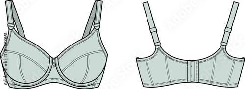 Bra, lingerie, fashion, garment, apparel, clothing, design, sketch, outline, technical, illustration, molded, underwire, straps, closure, stitching, seam,front, back