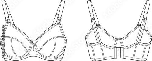 Bra, lingerie, fashion, garment, apparel, clothing, design, sketch, outline, technical, illustration, underwire, straps, closure, stitching, seam, construction, front, back, template