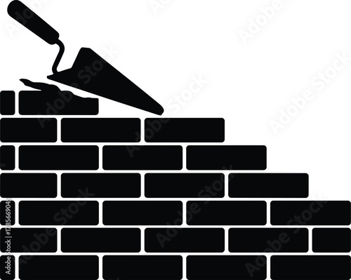 Brick wall construction silhouette, masonry work, trowel tool, building process, craftsmanship, architecture, urban development, construction site, manual labor, engineering illustration design