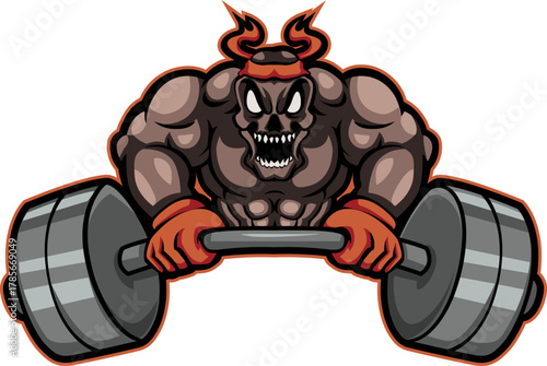 Muscular gym devil lifting barbell, fitness logo or strength training mascot illustration.