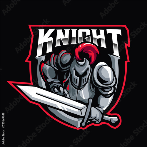 Medieval knight mascot holding sword, strong and heroic logo for esports or sport team identity.