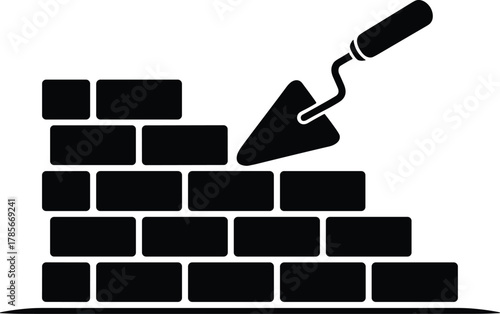 Brick wall construction silhouette, masonry work, trowel tool, building process, craftsmanship, architecture, urban development, construction site, manual labor, engineering illustration