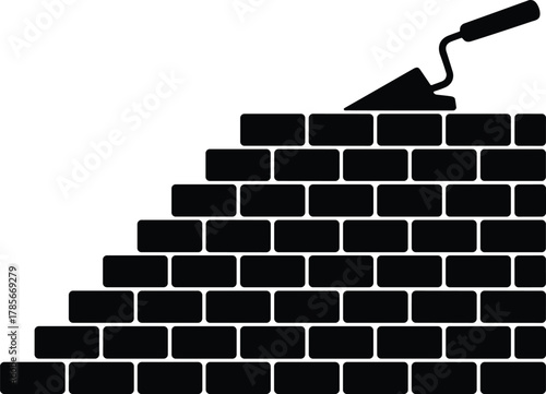 Brick wall construction silhouette, masonry work, trowel tool, building structure, craftsmanship, architecture, urban development, construction site, manual labor, engineering illustration