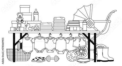 Shop baby clothes and accessories at a garage sale illustration editable