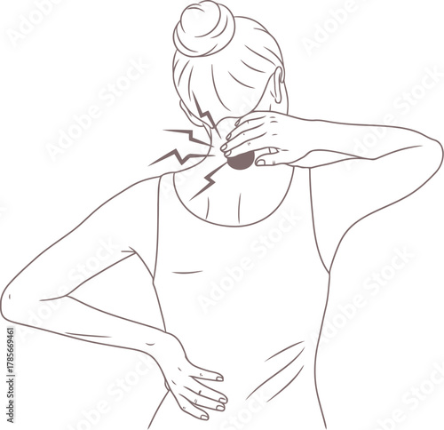 Woman experiencing pain in neck and upper back with red and yellow highlights