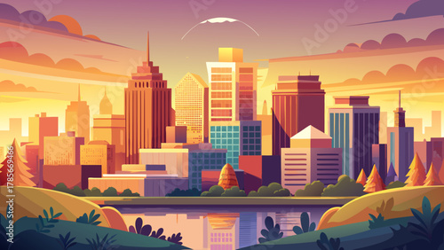 Very beautiful summer sunrise view of Rochester, Minnesota, USA, featuring warm golden light over the downtown skyline, modern buildings, soft morning haze, and a realistic vibrant urban cityscape.