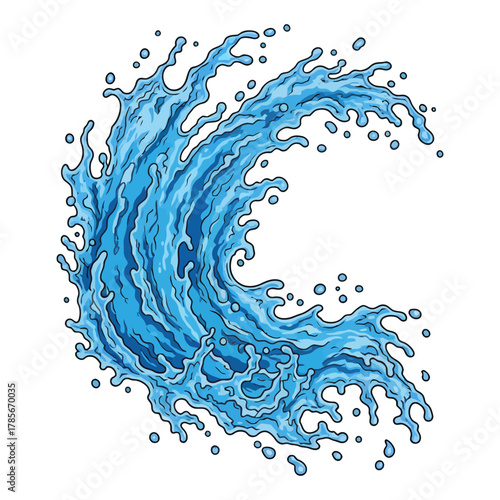 Dynamic blue water splash or wave burst illustration with drops and foam