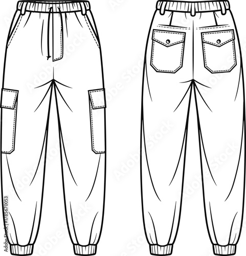 Cargo pants, fashion illustration, technical drawing, garment design, apparel template, front view, back view, elastic waist, flap pockets, drawstring detail