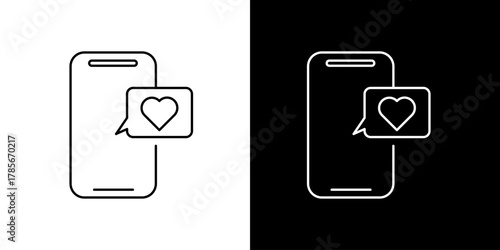Line art icons of a smartphone showing a heart icon in a speech bubble against a white and black background