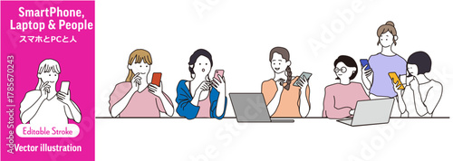 スマートフォンとパソコンを使用する女性たち（OL/ビジネスパーソン）のベクターイラスト,スマホを操作する人々のグループワーク・会議の風景,オンラインコミュニケーション・ビジネスのイメージ：モバイルデバイスを使う人々{編集可能、ベクターセット}