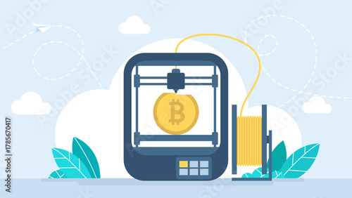 3D printer prints a Bitcoin coin out of plastic. Cryptocurrency mining. 3D printer manufacturing bitcoin cryptocurrency. Vector illustration