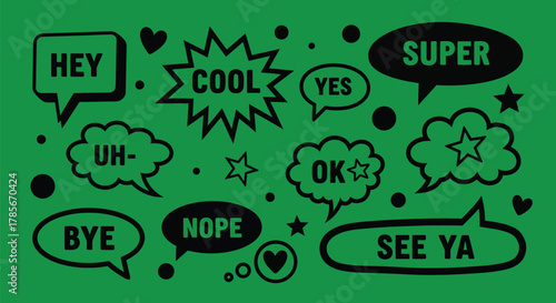Speech bubbles vector set with cool yes ok hey super bye and more editable