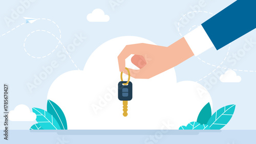 Hand holding car key. Hand holding car key remote control to lock or unlock car. Businessman hand hold car key button. Car alarm system. Vector Illustration.