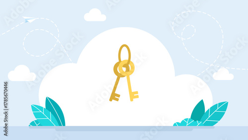 Two keys on the ring sign isolated on white background. A set and a bunch of door keys. Keys graphic icon.  Gold  keys on a large ring. Vector illustration