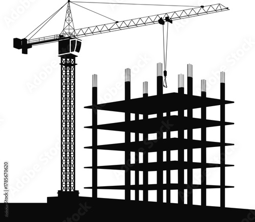 Construction site silhouette, tower crane, building framework, urban development, heavy machinery, architecture, engineering, industrial skyline, city growth, modern construction project illustration