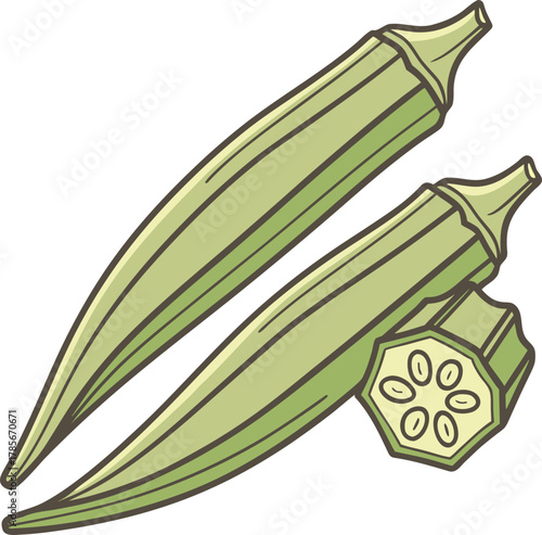 Two fresh okra pods are the main subjects, positioned diagonally across each other against a transparent background. The okra pods are vibrant green with textured, ribbed surfaces and pointed tips. Th
