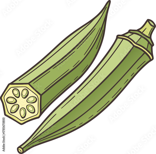 Two fresh okra pods are the main subjects, positioned diagonally across each other against a transparent background. The okra pods are vibrant green with textured, ribbed surfaces and pointed tips. Th