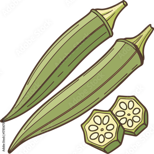 Two fresh okra pods are the main subjects, positioned diagonally across each other against a transparent background. The okra pods are vibrant green with textured, ribbed surfaces and pointed tips. Th