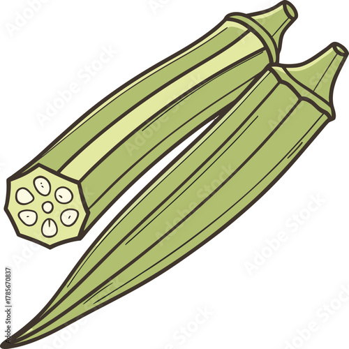 Two fresh okra pods are the main subjects, positioned diagonally across each other against a transparent background. The okra pods are vibrant green with textured, ribbed surfaces and pointed tips. Th