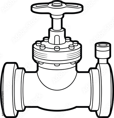 Gate valve drawing, industrial pipeline, fluid control, engineering diagram, technical sketch, mechanical equipment, flanged connection, pressure gauge, black and white, vector illustration