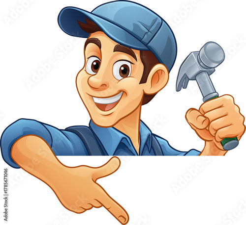 A cartoon mascot man handyman or carpenter holding a hammer tool, peeking around a sign and pointing