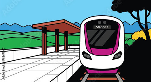 Cartoon train at station platform illustration transportation art editable