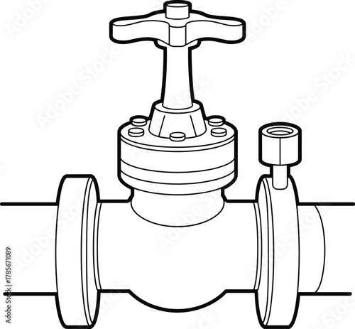 Gate valve illustration, industrial pipeline, fluid control, engineering drawing, technical sketch, mechanical equipment, flanged connection, pressure port, black and white, vector diagram