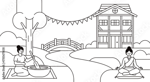 Wellness retreat meditation cooking illustration vector graphic editable