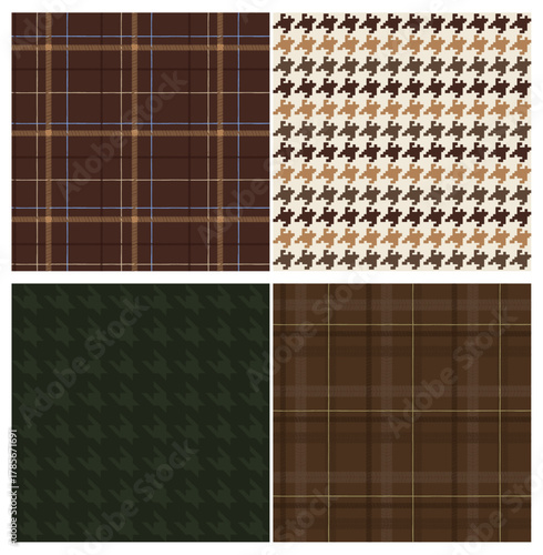 Collection of seamless checkered  houndstooth pattern. Warm autumn and winter colors. Quiet Luxury, Old Money, Vintage textures. Editable vector illustration