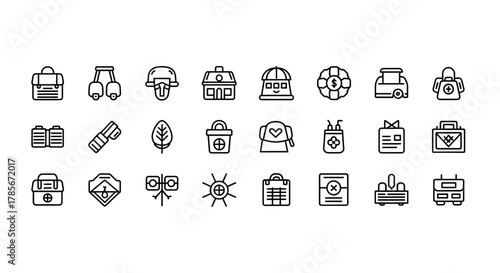 A collection of 24 black and white line icons representing various travel, outdoor, and everyday items.